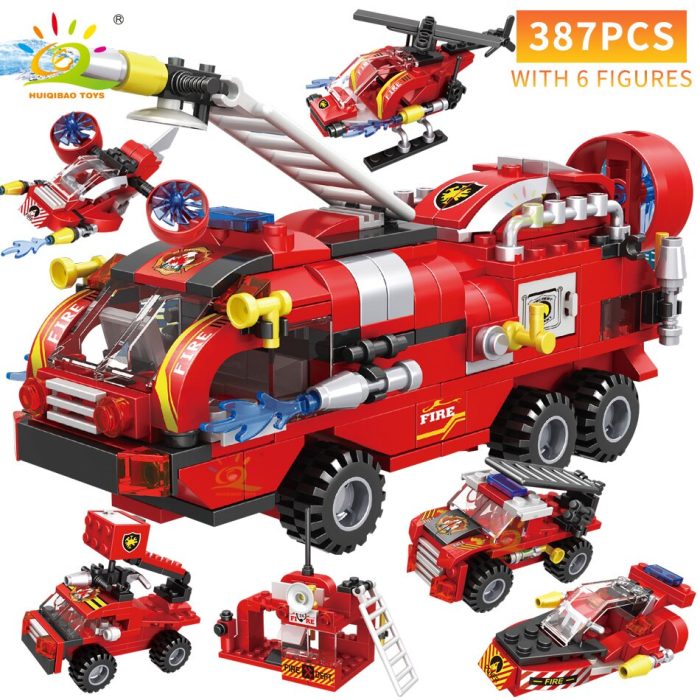 HUIQIBAO 387pcs 6in1 Fire Fighting Trucks Building Blocks City Rescue Helicopter Bricks 6 Fireman Toys For 1 - LEPIN LEPIN Store