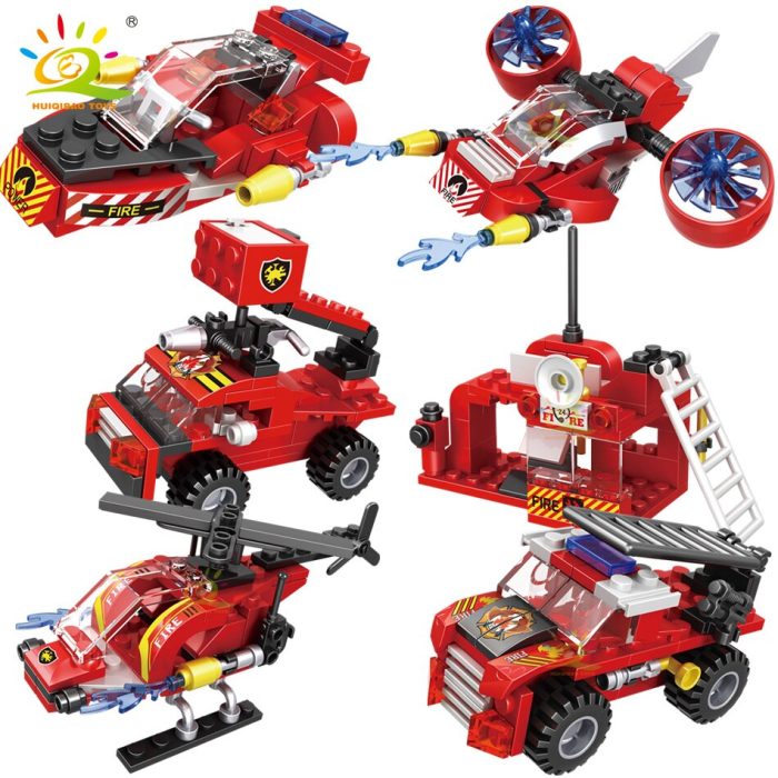 HUIQIBAO 387pcs 6in1 Fire Fighting Trucks Building Blocks City Rescue Helicopter Bricks 6 Fireman Toys For 3 - LEPIN LEPIN Store