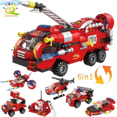 HUIQIBAO 387pcs 6in1 Fire Fighting Trucks Building Blocks City Rescue Helicopter Bricks 6 Fireman Toys For 5 - LEPIN LEPIN Store