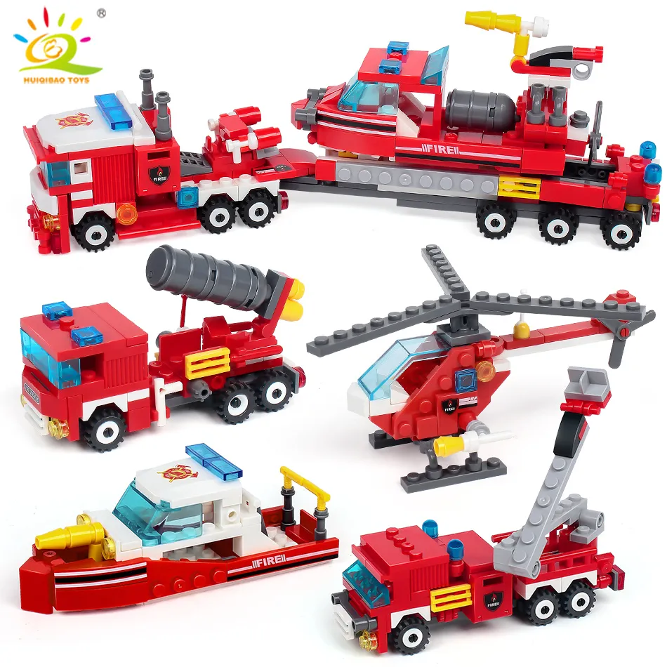 HUIQIBAO 348pcs Fire Fighting 4in1 Trucks Car Helicopter Boat Building Blocks City Firefighter Figures Man Bricks - LEPIN LEPIN Store