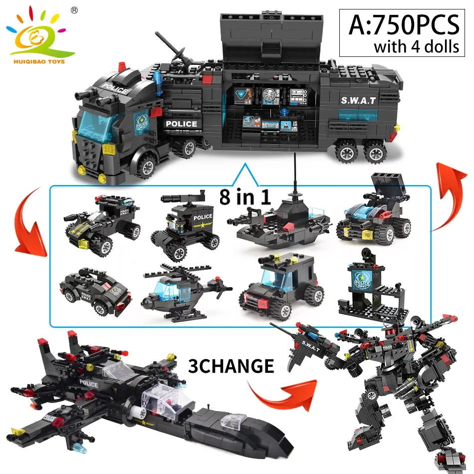 HUIQIBAO SWAT Police Station Truck Model Building Blocks City Machine Helicopter Car Figures Bricks Educational Toy 1 - LEPIN LEPIN Store