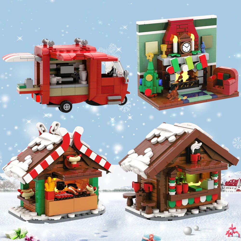 kf Sc590dcbe09da4bf4bfecfbe462639885s MOC Winter Countryside Christmas Decorate Building Block Set Christmas Cabin Coffee Cart Hot Drinks Christma series - LEPIN LEPIN Store